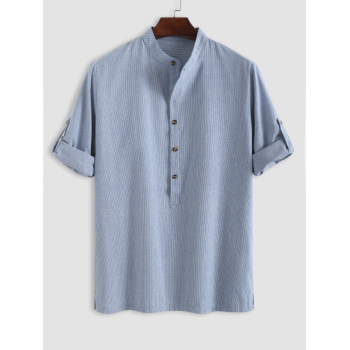 ZAFUL Men's Pinstripes Pattern Half Button Pullover Long Sleeves Linen Shirt L Light blue