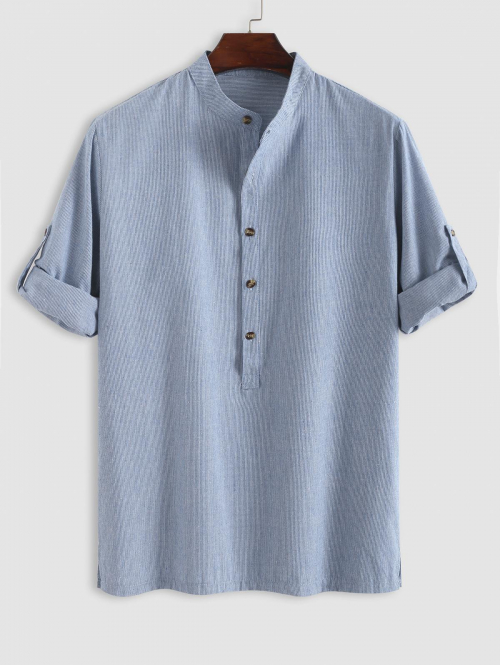 ZAFUL Men's Pinstripes Pattern Half Button Pullover Long Sleeves Linen Shirt L Light blue