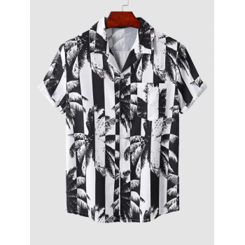 ZAFUL Men's Men's Hawaii Style Casual Summer Vacation Beach Stripes Palm Tree Printed Camp Collar Button Up Short Sleeves Shirt M Black