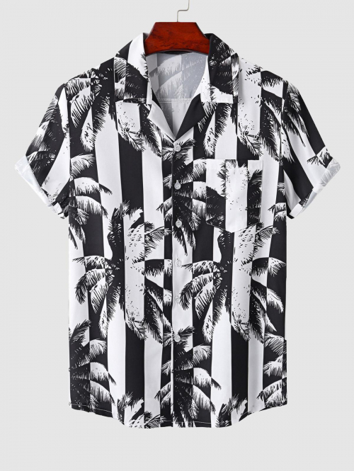 ZAFUL Men's Men's Hawaii Style Casual Summer Vacation Beach Stripes Palm Tree Printed Camp Collar Button Up Short Sleeves Shirt M Black