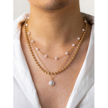 3Pcs Mutil-layered Faux Pearls Metal Chain Pendant Choker Necklace for Men and Women