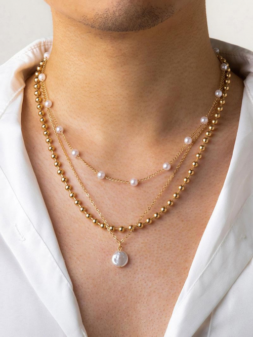 3Pcs Mutil-layered Faux Pearls Metal Chain Pendant Choker Necklace for Men and Women