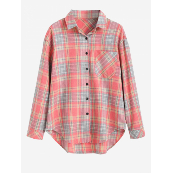 Plaid Pocket Button Up Shirt S Watermelon pink