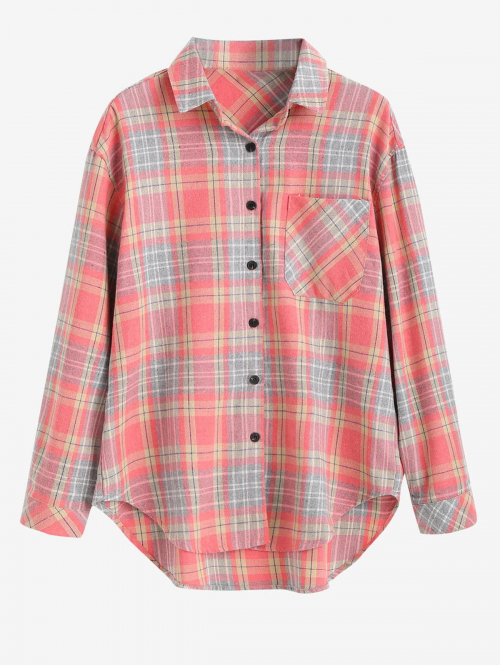 Plaid Pocket Button Up Shirt S Watermelon pink