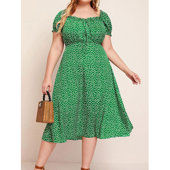 Women Dress Women's Plus Size Ditsy Print Tie Ruffle Puff Sleeve Midi Vacation Dress 1xl Green