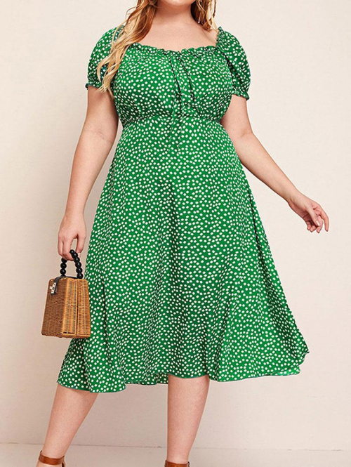 Women Dress Women's Plus Size Ditsy Print Tie Ruffle Puff Sleeve Midi Vacation Dress 1xl Green