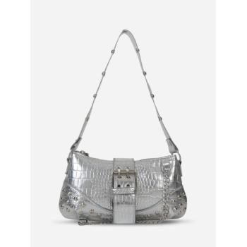 Women's Y2K Aesthetic Punk Style Rivets Metal Chains Decor Embossed Buckle Shoulder Bag