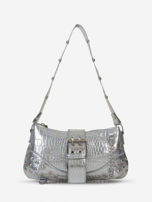 Women's Y2K Aesthetic Punk Style Rivets Metal Chains Decor Embossed Buckle Shoulder Bag