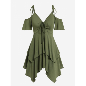 Mini Dress ZAFUL Women's Tie Spaghetti Strap Cold Shoulder Cinched Ruched Empire Waist Layered Handkerchief Dress L Deep green