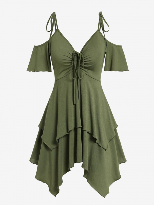 Mini Dress ZAFUL Women's Tie Spaghetti Strap Cold Shoulder Cinched Ruched Empire Waist Layered Handkerchief Dress L Deep green