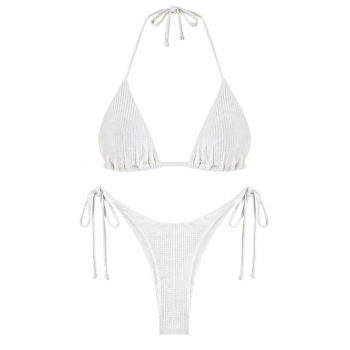 ZAFUL Ribbed Tie Side Metallic Glitter String Bikini Swimwear L White