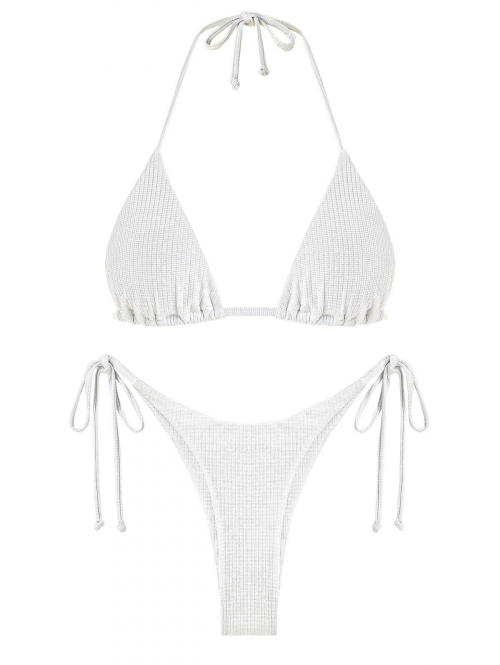 ZAFUL Ribbed Tie Side Metallic Glitter String Bikini Swimwear L White