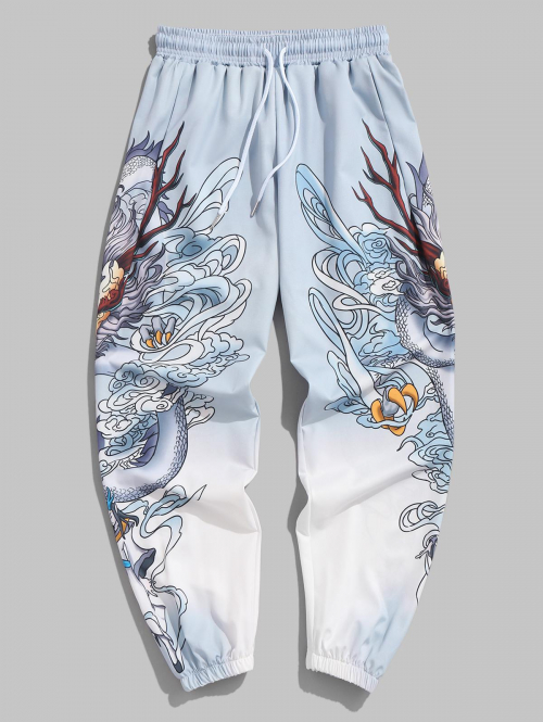 ZAFUL Men's Drawstring Pocket Oriental Dragon Print Jogger Pants M Gray cloud