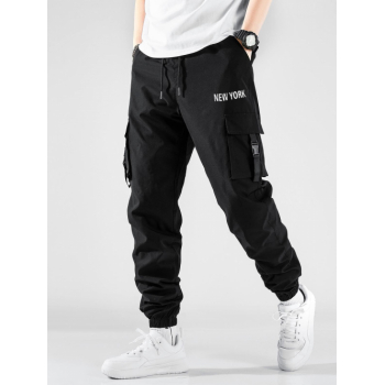 ZAFUL Men's ZAFUL Men's Streetwear NEW YORK Letter Printed Multi-pockets Design Beam Feet Drawstring Cargo Pants L Black