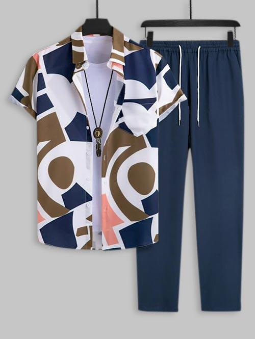 ZAFUL Men's Men's Geometric Pattern Button Front Short Sleeves Shirt and Solid Color Drawstring Straight Leg Pants L Multi a