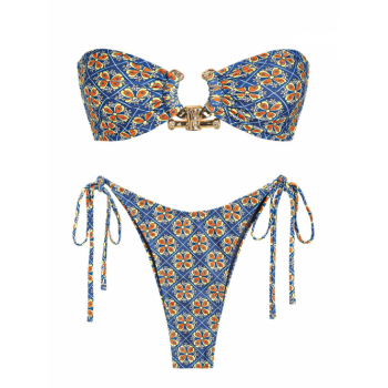 ZAFUL Women's Vintage Ethnic Ditsy Floral Print O Ring Metal Decor Bandeau Lace Up Tie Side High Leg Tanga Bikini Set Two Piece Swimwear L Blue