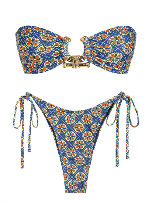 ZAFUL Women's Vintage Ethnic Ditsy Floral Print O Ring Metal Decor Bandeau Lace Up Tie Side High Leg Tanga Bikini Set Two Piece Swimwear S Blue