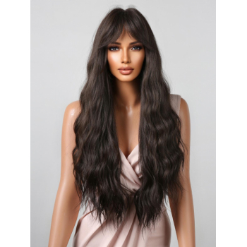 zaful Women's Black Brown Fluffy Long Wavy Middle Part Bangs Synthetic Daily Wig