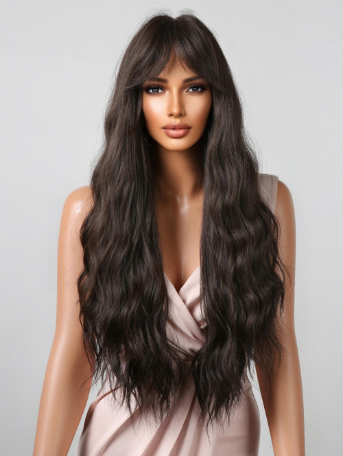 zaful Women's Black Brown Fluffy Long Wavy Middle Part Bangs Synthetic Daily Wig