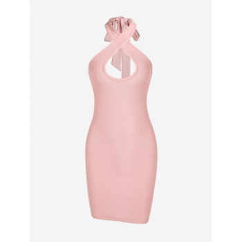 Mini Dress ZAFUL Criss Cross Halter Keyhole Textured Bodycon Dress S Light pink