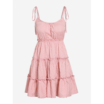 Casual ZAFUL Gingham Tie Shoulder Tiered Sundress M Light pink