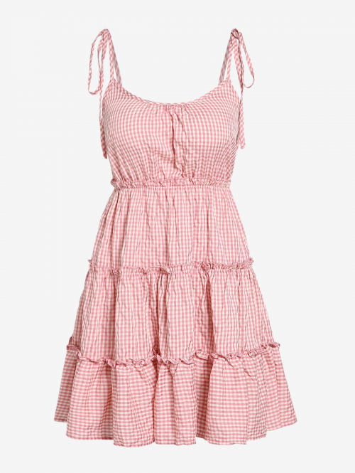 Casual ZAFUL Gingham Tie Shoulder Tiered Sundress M Light pink