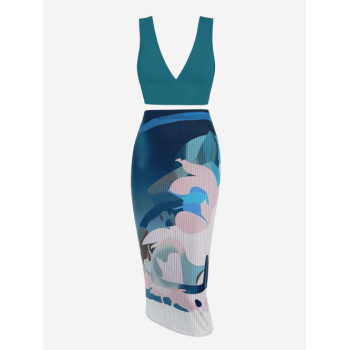 Women's Sexy Mix and Match Plunging Neck Backless Glitter Sparkle Crop Tank Top and High Waisted Abstract Print Bodycon Midi Skirt Set Blue