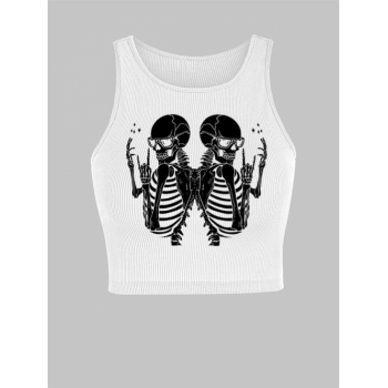 Women Tank Tops Women's Y2K Grunge Style Halloween Ribbed Crew Neck Skeleton Print Slim Crop Tank Top L White