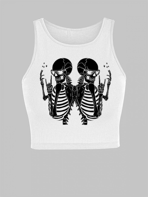 Women Tank Tops Women's Y2K Grunge Style Halloween Ribbed Crew Neck Skeleton Print Slim Crop Tank Top L White