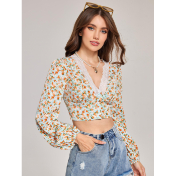 Women Blouses ZAFUL Floral Print Lantern Sleeves V Neck Lace Spliced Milkmaid Blouse L