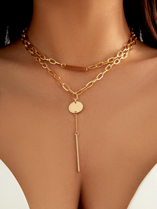 Women's Minimalist 2Pcs Disco Sequin Bar Pendant Y Line Lariat Layered Necklaces For Women