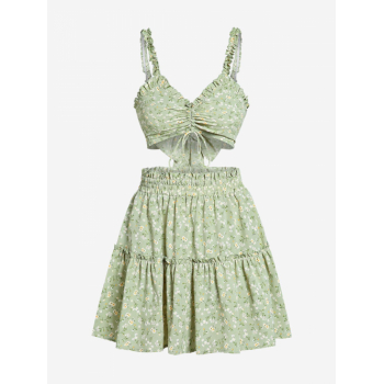 ZAFUL Ditsy Floral Frilled Cinched Cami Top and Skirt Set S Light green