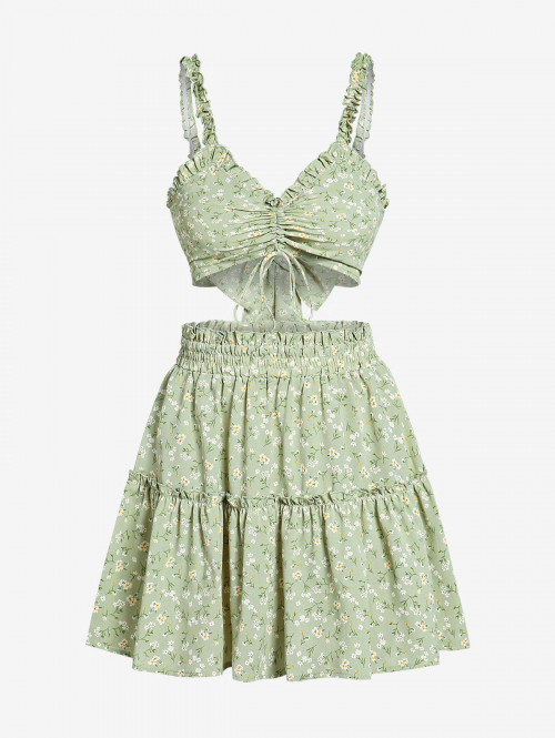 ZAFUL Ditsy Floral Frilled Cinched Cami Top and Skirt Set S Light green