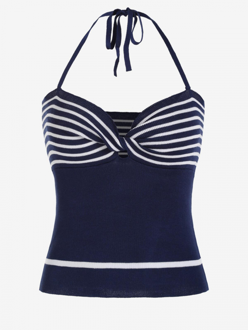 Women Tank Tops Twists Stripes Knitted Halter Tank Top L Deep blue