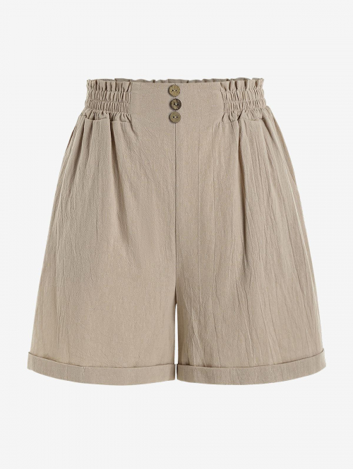 Cuffed Hem Pockets High Waisted Paperbag Shorts S Light coffee