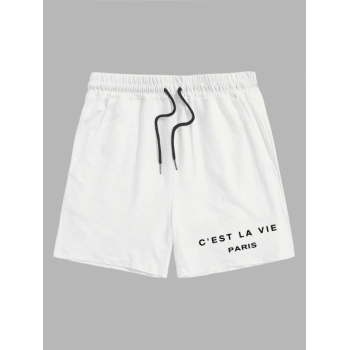 Letter C'EST LA VIE PARIS Graphic Printed Drawstring Shorts M White