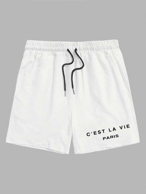 Letter C'EST LA VIE PARIS Graphic Printed Drawstring Shorts M White