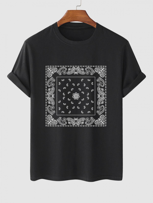 ZAFUL Men's Ethnic Style Paisley Graphic Printed Short Sleeves T-shirt L Black