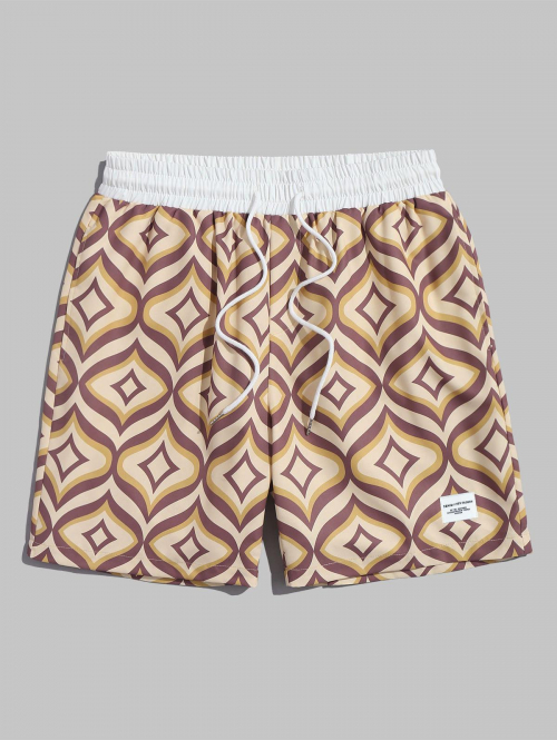 ZAFUL Men's ZAFUL Colorblock Geometric Print Drawstring Beach Vacation Shorts S Coffee