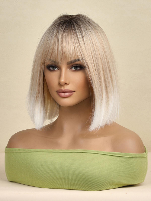 zaful Black Gradient White Platinum See-through Bangs Bob Short Straight Synthetic Wig