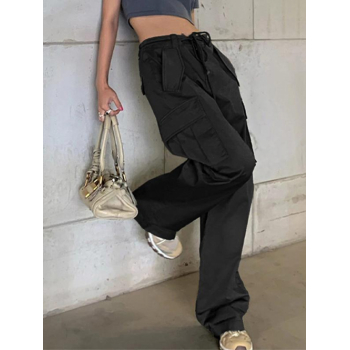 Pockets Drawstring Straight Cargo Parachute Pants M Black