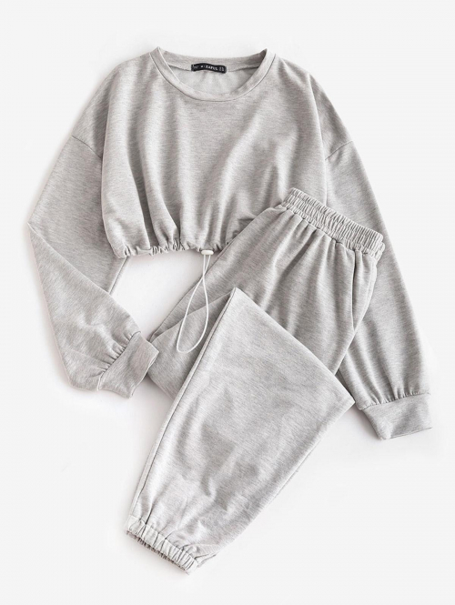 Crop Sweatshirt and Joggers Tracksuit S Gray