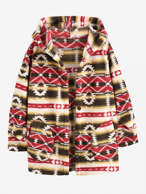 ZAFUL Women's Hooded Ethnic Style Pockets Long Tribal Geo Aztec Printed Fluffy Teddy Coat M Deep yellow