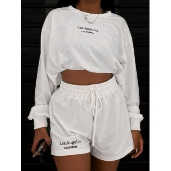 LOS ANGELES CALIFORNIA Embroidered Sweatshirt and Shorts Set M White