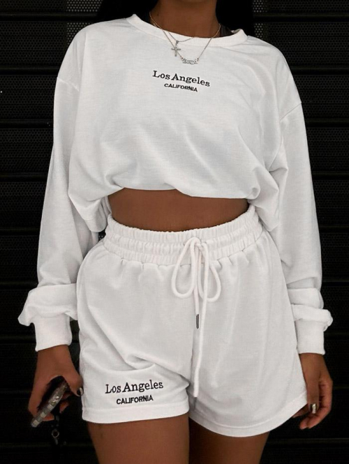 LOS ANGELES CALIFORNIA Embroidered Sweatshirt and Shorts Set M White