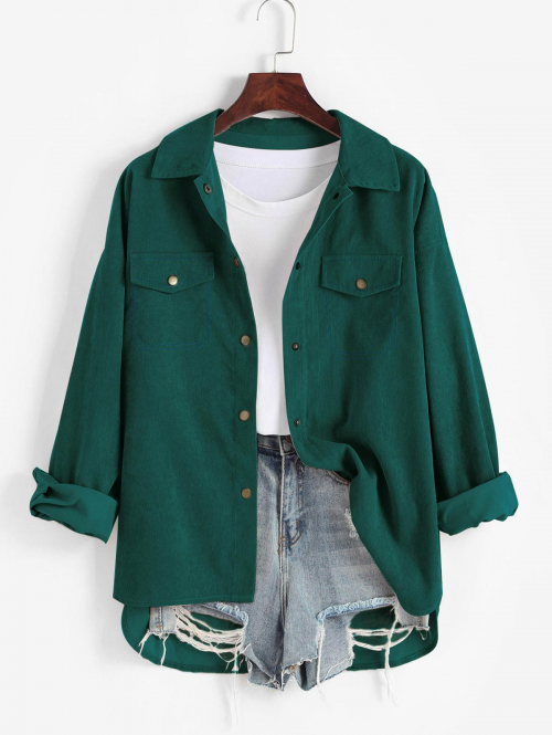 ZAFUL High Low Flap Details Corduroy Shacket L Deep green