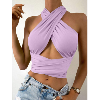 Women Tank Tops Tie Back Criss Cross Tops Sleek Sexy Wrap Crop V-Collar Versatile Summer Sleeveless Bandage Top Light purple