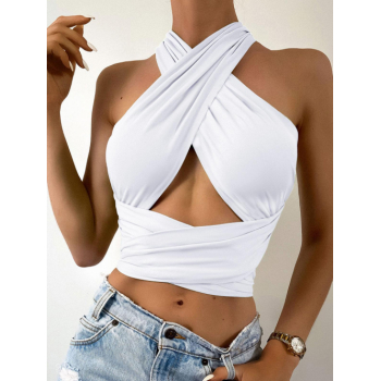 Women Tank Tops Tie Back Criss Cross Tops Sleek Sexy Wrap Crop V-Collar Versatile Summer Sleeveless Bandage Top White