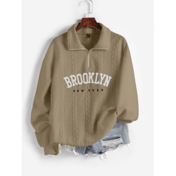 Women Hoodies Women's Casual BROOKLYN NEW YORK Letter Embroidered Quarter Zip Cable Textured Pullover Sweatshirt L Light coffee