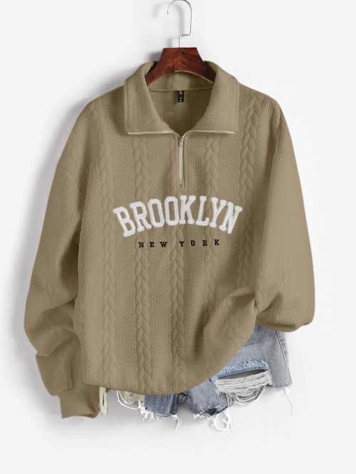 Women Hoodies Women's Casual BROOKLYN NEW YORK Letter Embroidered Quarter Zip Cable Textured Pullover Sweatshirt L Light coffee